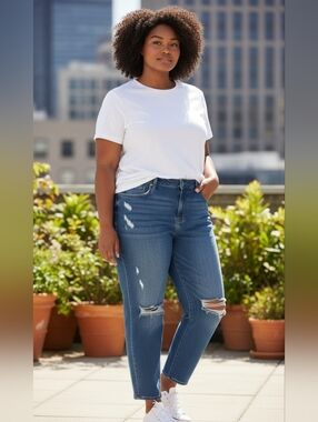 Denim & Co Organic Cotton Denim Jeans High Rise Ripped Mom Button Fly NWT